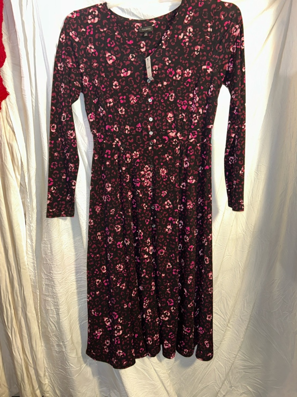 Talbots Black Dress with Pink Floral Print — Long Sleeve Midi size medium NWT